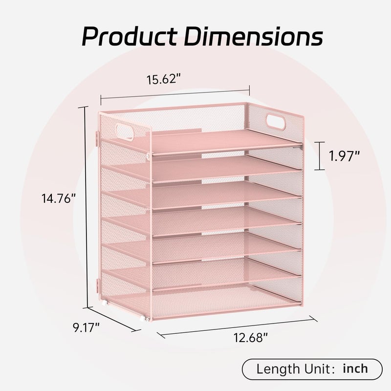 ReePlan 7 Tier Paper Organizer - Mesh Desktop File Holder with Handles for Office School Desk, Black (Pink) - Image 2